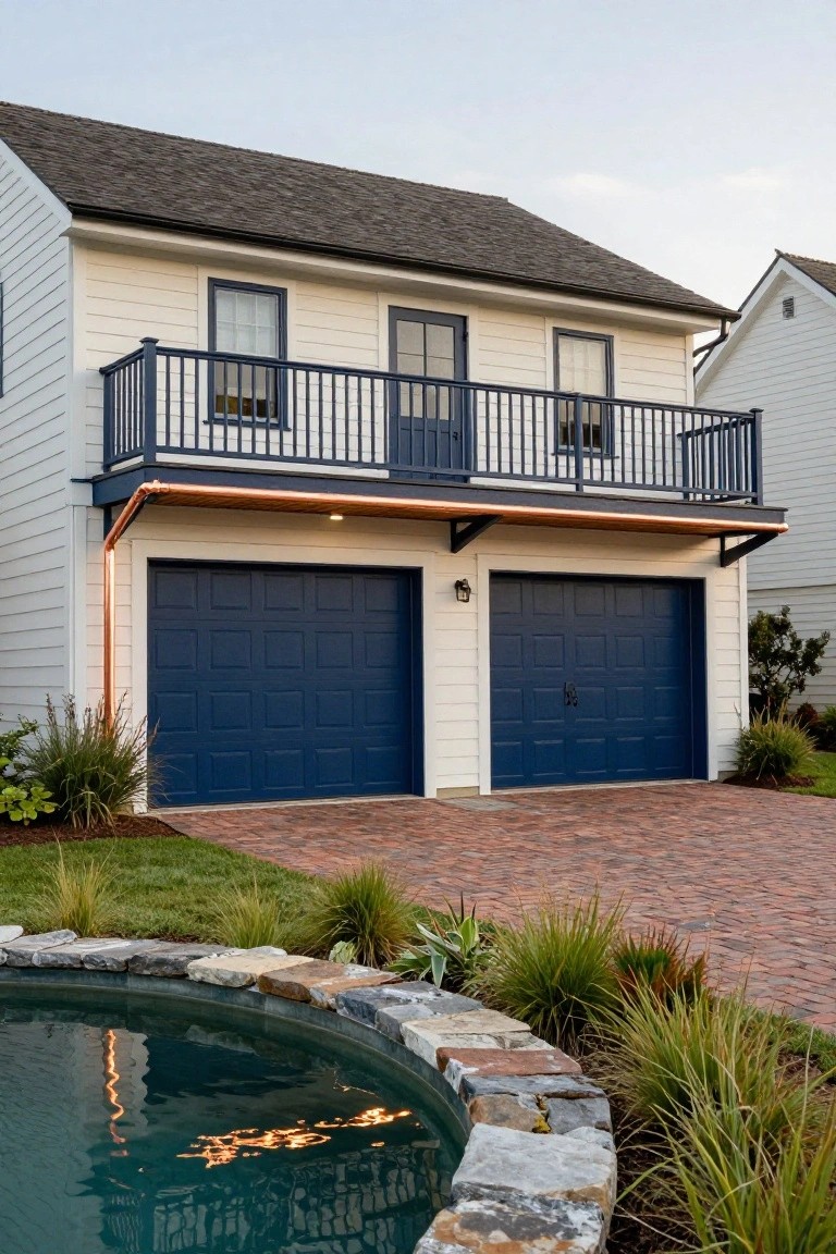 A two-story white clapboard house with navy blue double garage doors, upper balcony railing and trim, brick driveway, and curved stone pool edged with plants.