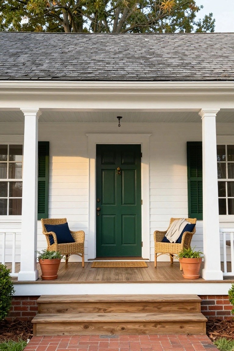 White clapboard colonial house with gabled roof, green paneled front door, white columns supporting porch, two wicker chairs with cushions and plants in terracotta pots, brick steps and path.