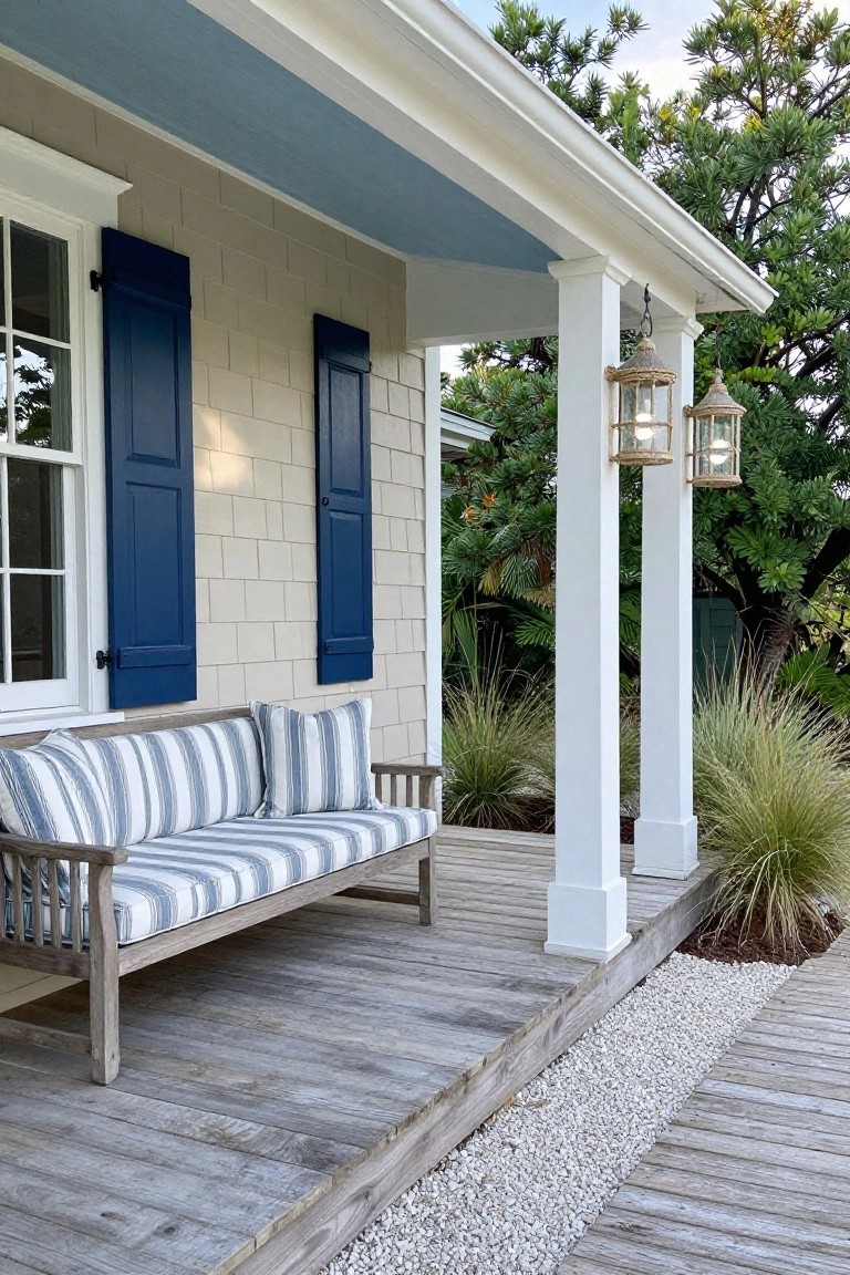 Beige shingle siding house exterior with blue shutters on windows, blue porch ceiling, white columns, hanging seagrass lanterns, striped bench on weathered wood deck, and pampas grass plantings beside the porch.