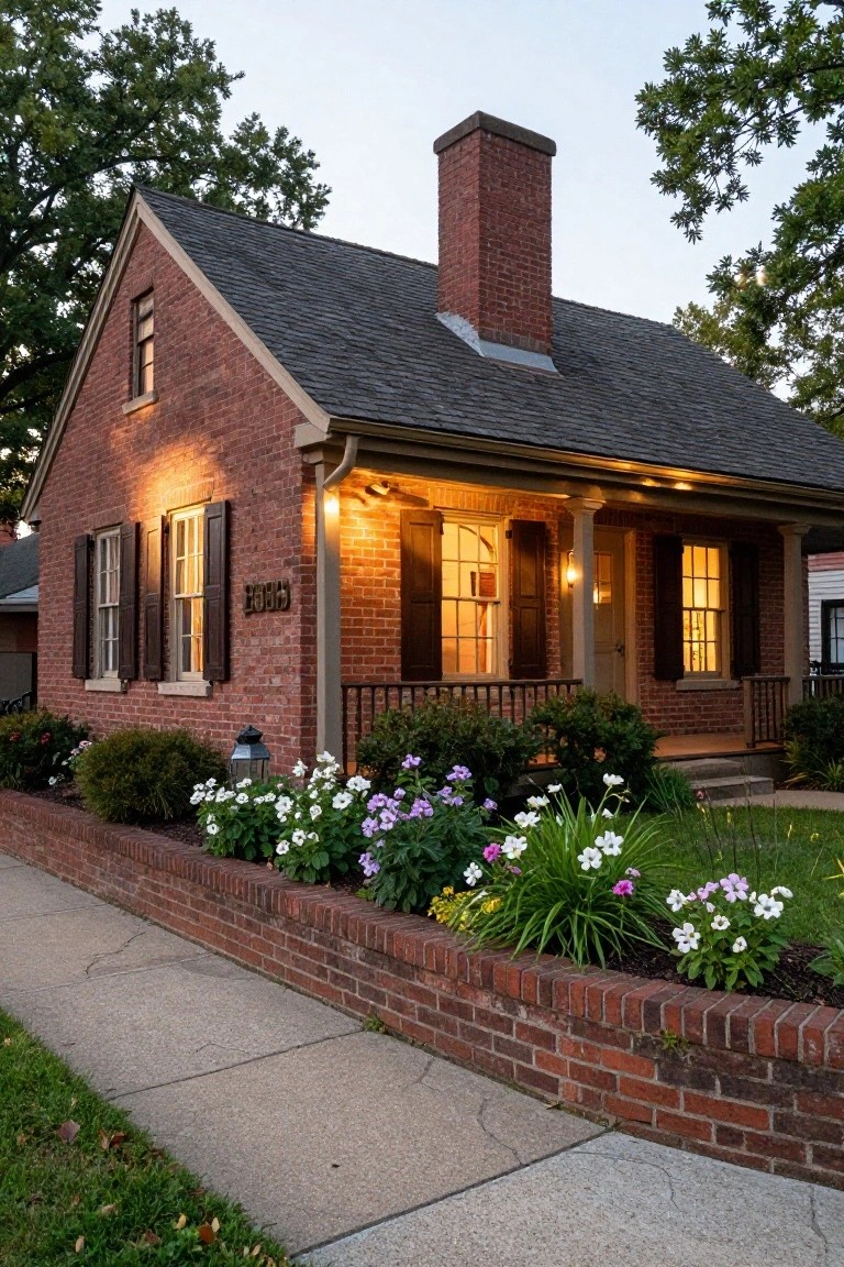 Red brick colonial house at dusk with gabled roof, covered front porch supported by columns, wooden shutters on windows, hanging lantern and wall lights, brick-bordered flower beds, and concrete sidewalk.