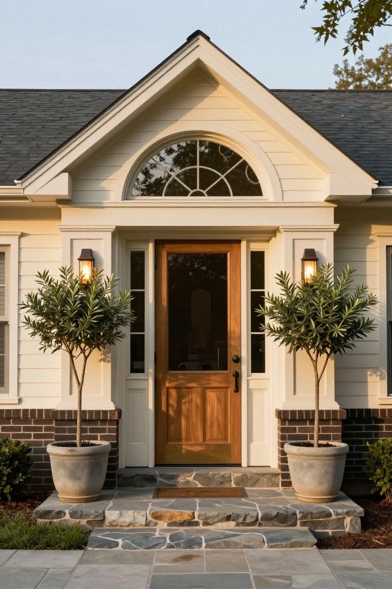White clapboard house exterior with gabled entry porch, fanlight window, wooden screen and solid door, flanked by lantern lights and potted olive trees on stone steps leading to a slate path.