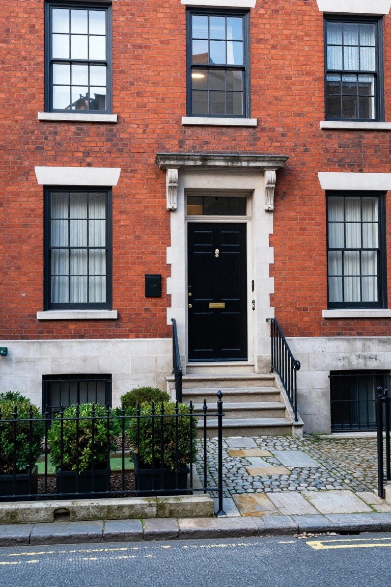 Red brick three-story townhouse with black-framed sash windows, white stone lintels and sills, stone entry porch with black door and brass knocker, iron railing on steps, boxwood shrubs in black pots, setts path, and street edge.