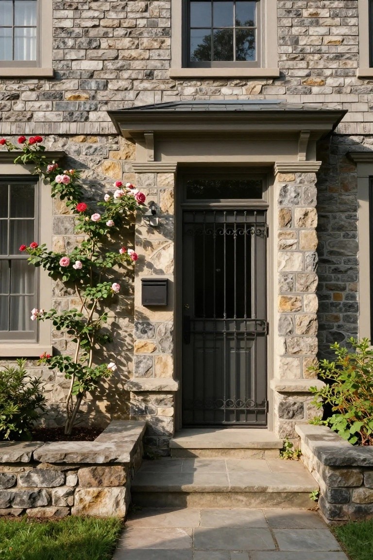 Colonial house front entrance with gray fieldstone walls, climbing roses with pink and red flowers on the left side, black wrought-iron security door, stone steps, mailbox, and low plantings.