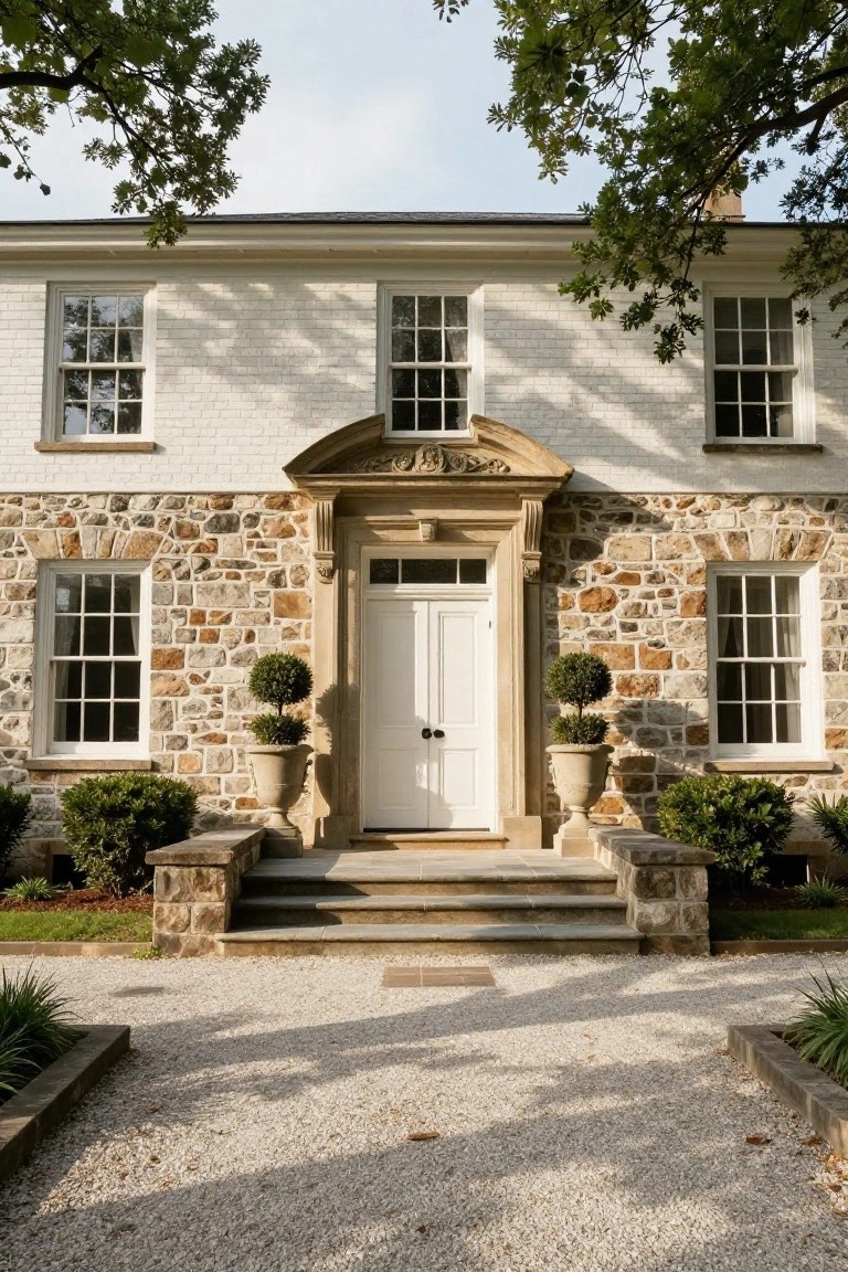 Two-story colonial house facade with white brick upper walls, fieldstone lower walls and entry surround with pediment, white double door, flanked by urns with boxwood topiaries, stone steps, gravel driveway, and low planting beds.