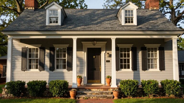 Two-story gray colonial house with black shutters, white porch columns, wooden front door, flanked by stone steps and large terracotta pots with plants.
