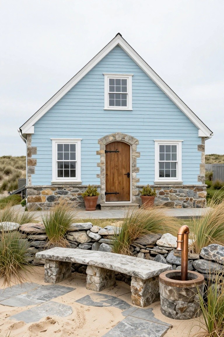 Light blue clapboard house with stone foundation accents, arched wooden entry door, white-framed windows, potted plants, stone bench, copper water spout, grasses, and sandy path in dune landscape.