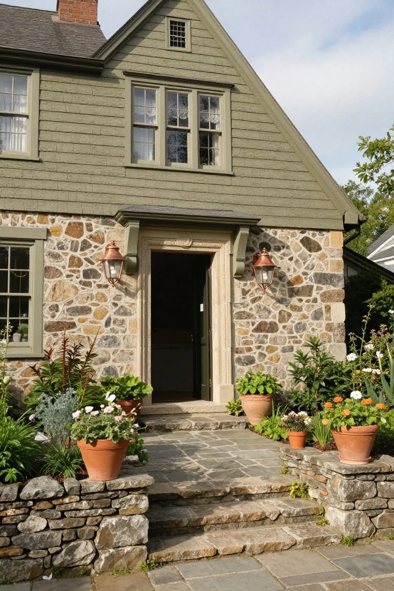 A colonial house exterior with sage green shingle siding over a fieldstone base, wooden entry door in a stone surround, copper lanterns on stone walls, stone steps, and potted plants along the front path.