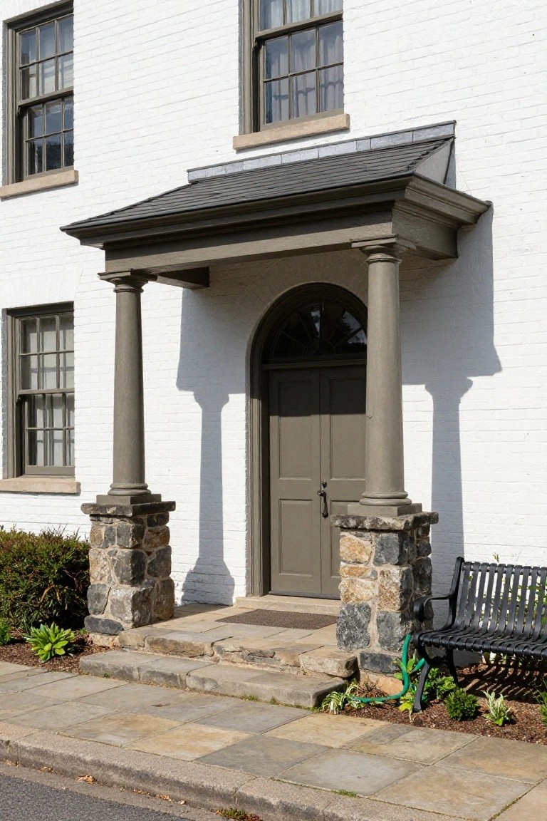 White brick colonial house exterior with a covered porch entrance featuring two columns on fieldstone bases, a gray arched door, stone steps, shrubs, a green hose, and a black metal bench on a paved walkway.