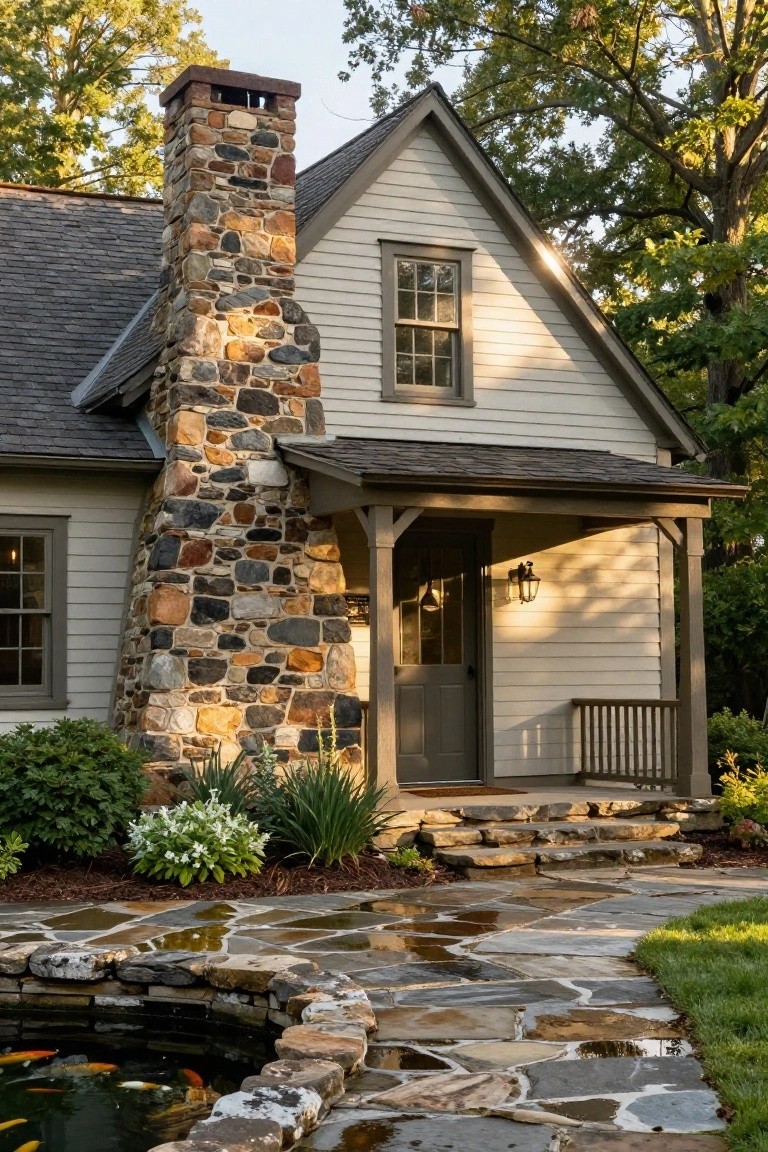 Colonial-style house exterior featuring a tall chimney of varied natural stones, light gray clapboard siding, covered front porch with bench, stone steps, flagstone path, and koi pond edged in stone.