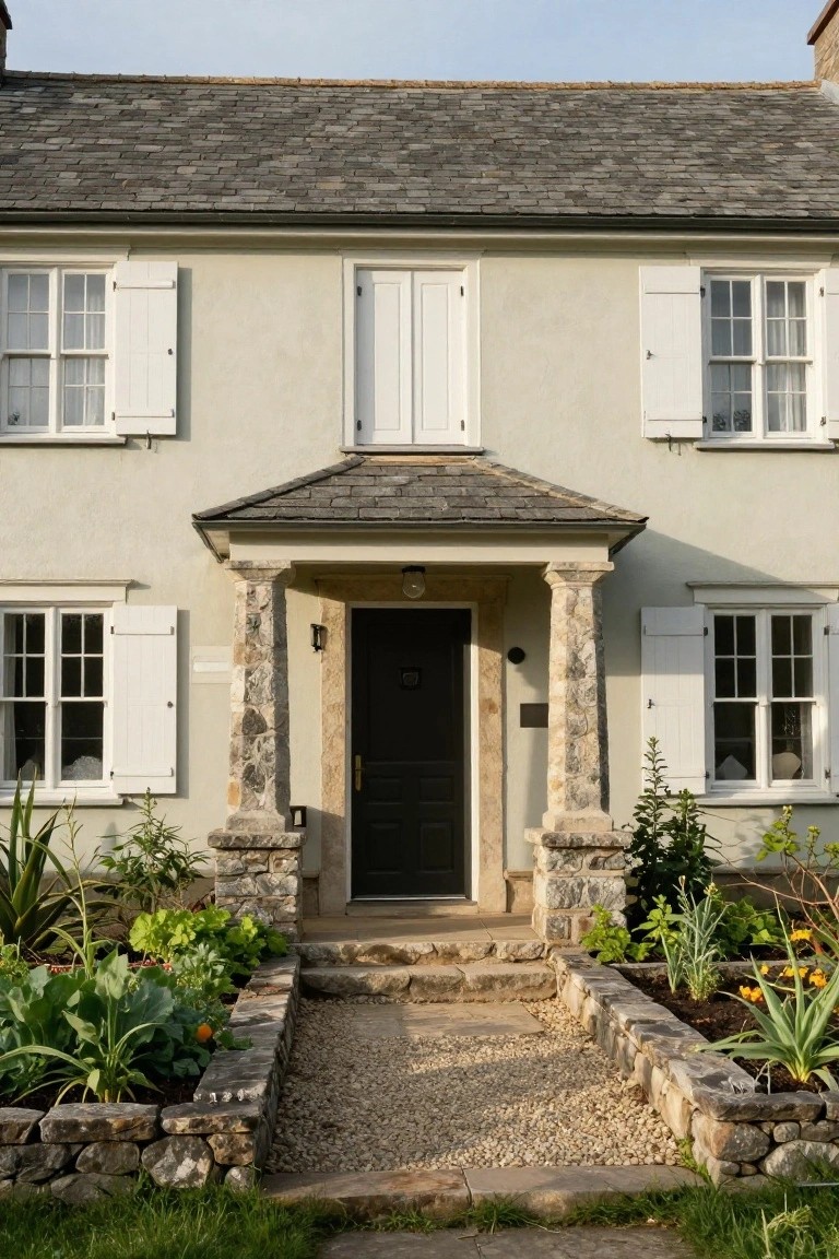Two-story house with pale green walls, slate roof, white-shuttered windows, stone-columned porch with dark wood door, gravel entry path, and raised stone-edged garden beds with plants.
