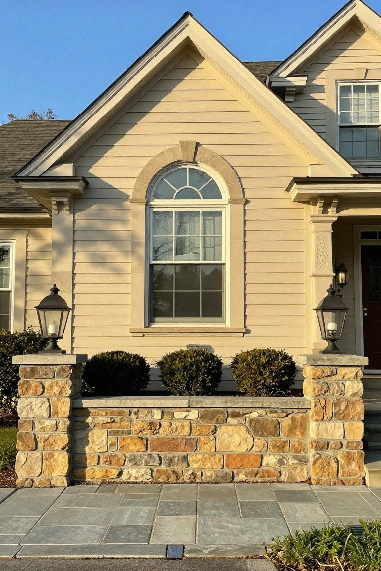 Beige colonial-style house facade with gabled roofline, arched window, paired stone pillars with lanterns and boxwood shrubs between them, low stone wall, slate walkway, and wood front door.