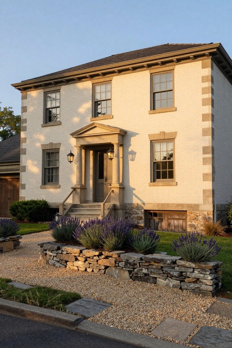 Two-story colonial house with white brick walls trimmed in stone quoins, a centered pedimented entry porch with lanterns, flanked by lavender plants in a stone retaining wall, gravel path, and adjacent garage.