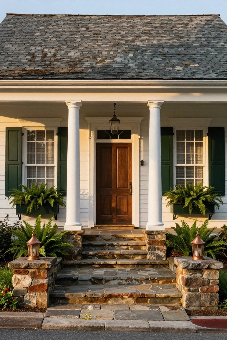 Colonial house exterior with white clapboard siding, green shutters, ferns in window boxes, white porch columns, dark wood door, stone steps flanked by stone pillars topped with copper lanterns, and slate roof.