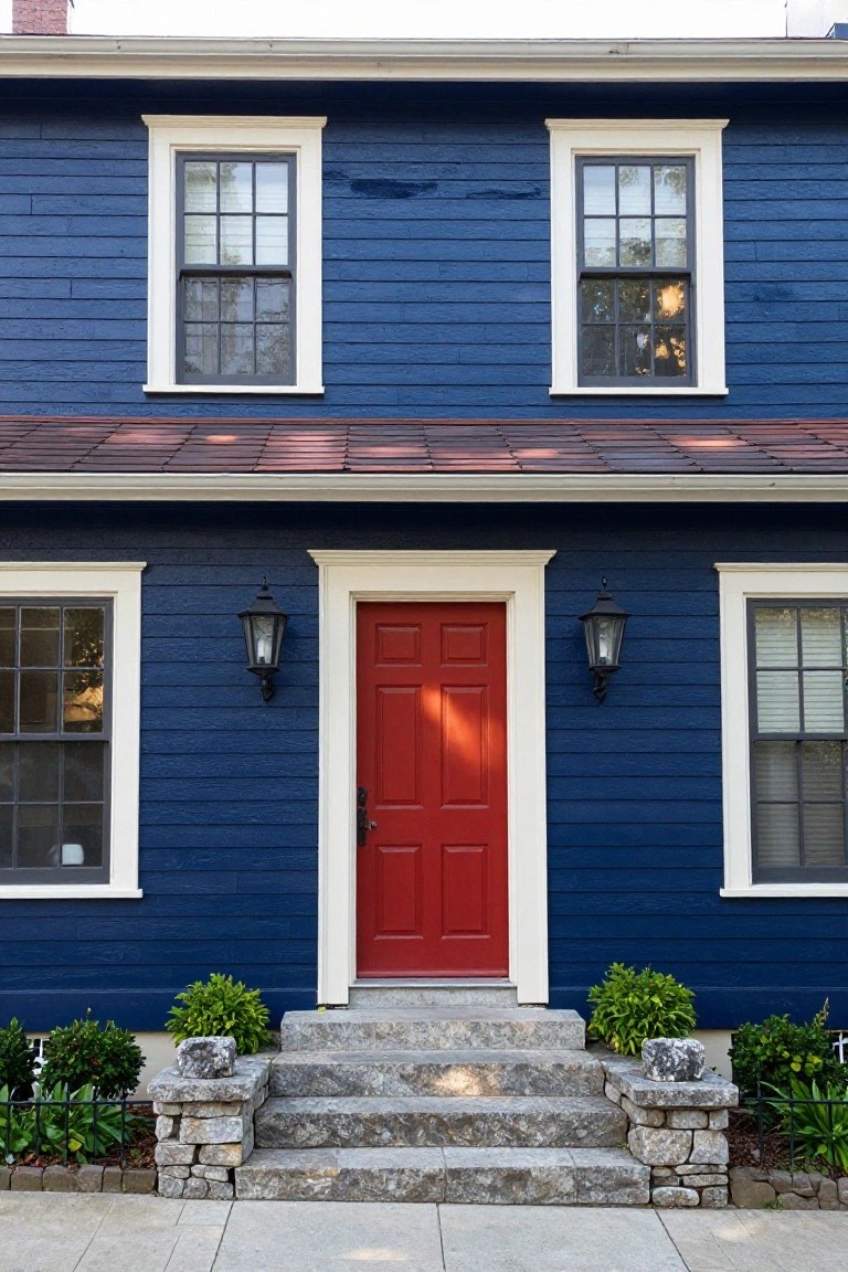 A two-story colonial house painted navy blue with white trim, featuring a red front door flanked by black lanterns, gray stone entry steps with stone pillar bases holding shrubs, and a red roof.