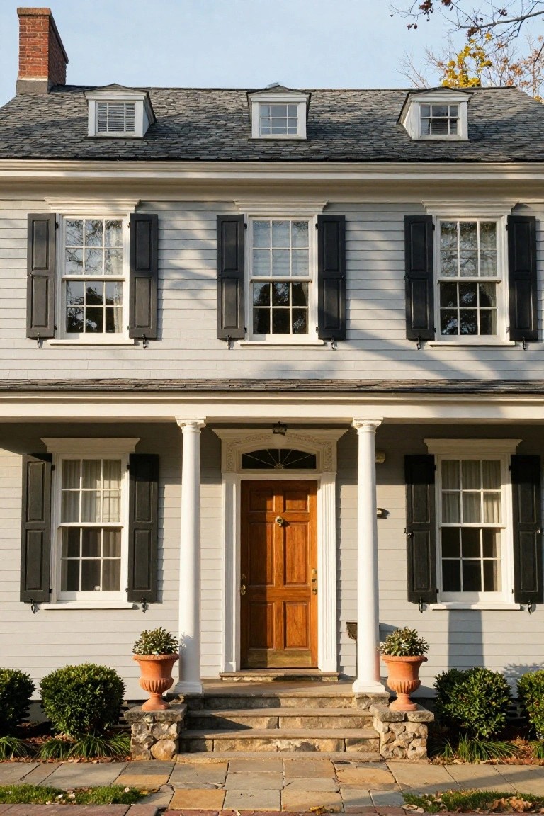 Two-story gray colonial house with black shutters, white porch columns, wooden front door, flanked by stone steps and large terracotta pots with plants.