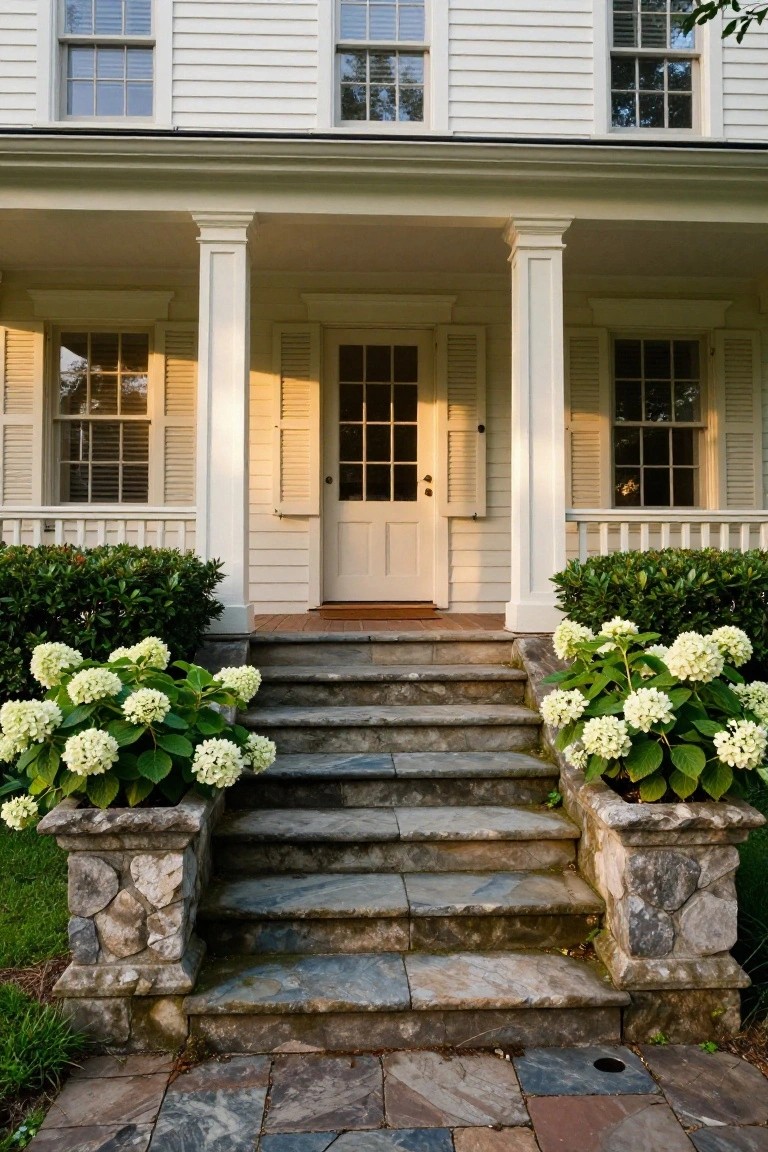 White clapboard colonial house exterior featuring a columned porch, glass-paneled white front door, slate steps, and matching stone planters with white hydrangeas on each side.