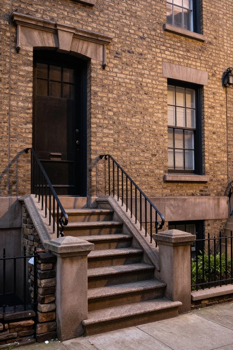 Brown brick townhouse facade with stone stoop steps, black iron railings and newel posts, arched black front door, and narrow windows.