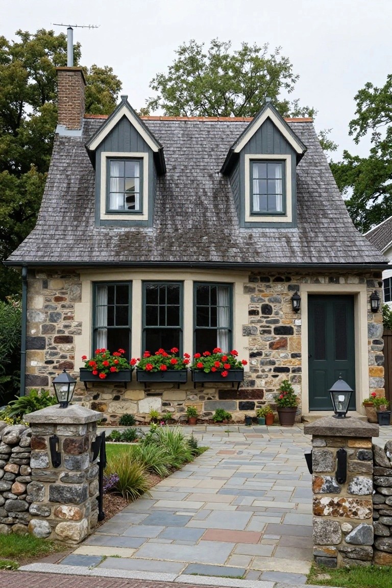 A small colonial cottage with irregular fieldstone walls, green-painted trim and door, large triple windows with red flower boxes, slate roof, and a stone-flanked paved pathway.
