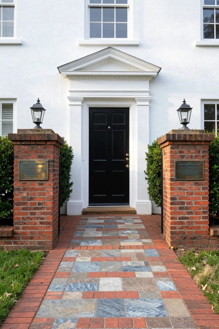White colonial-style house with black front door centered in a white portico flanked by brick pillars with lanterns and bronze plaques, boxwood shrubs, and a walkway of red brick borders enclosing multicolored stone and brick pavers leading from the lawn.