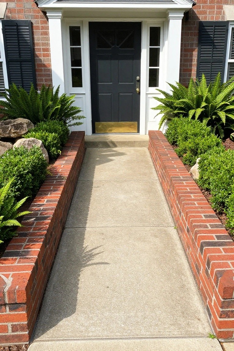 Concrete walkway bordered by low red brick walls with boxwood shrubs and ferns on both sides, leading to a dark front door with glass sidelights and white trim on a brick colonial house.