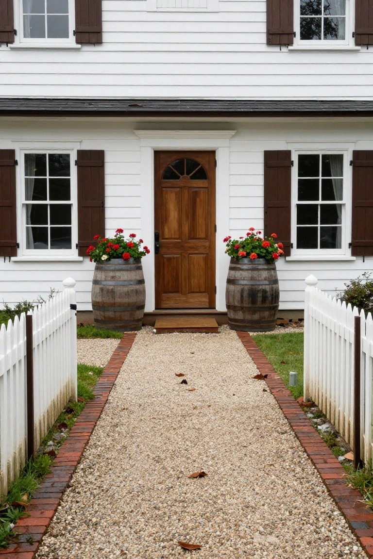 White colonial house with dark shutters and wooden arched door centered on facade, flanked by large wooden barrel planters with red geraniums, accessed by straight gravel walkway with brick edging and white picket fence on sides.