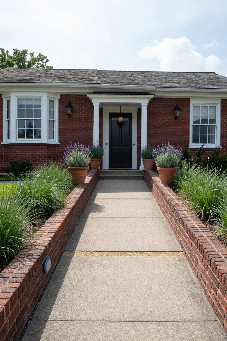 Colonial style brick house with white-trimmed windows, black front door under a small portico, straight concrete walkway bordered by low brick walls lined with ornamental grasses and lavender plants in terracotta pots.