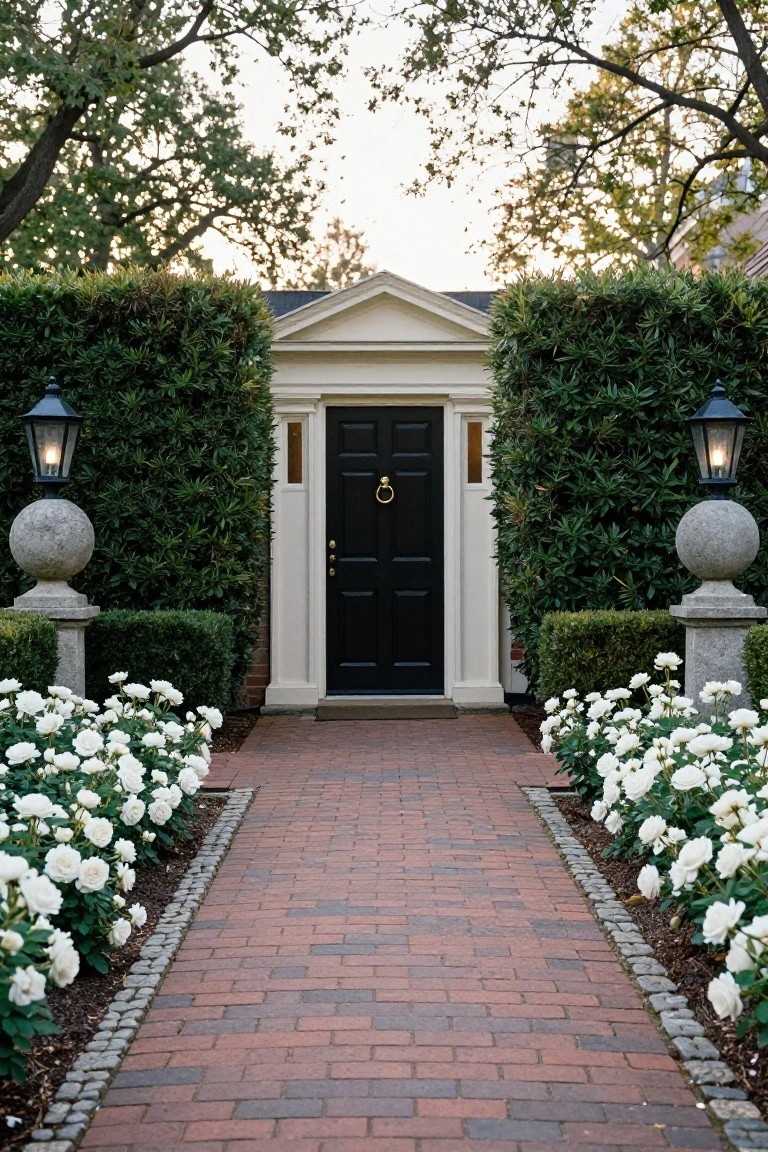 Red brick pathway bordered by white rose bushes and cobblestone edging leads to a black door in a white neoclassical entryway flanked by tall green hedges, lanterns, and stone spheres on pedestals.