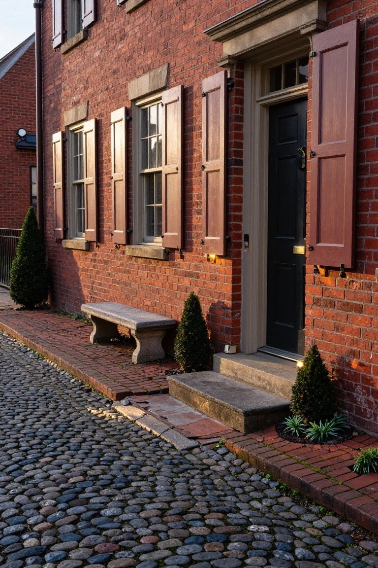 Red brick colonial house with multi-pane windows, open wooden shutters, black front door, stone bench beside a narrow cobblestone walkway edged in brick, small evergreen shrubs, and potted plants near the entry steps.