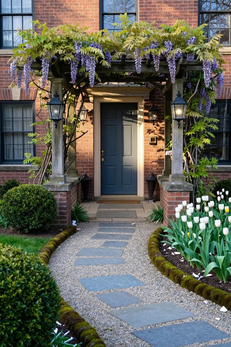 Curved bluestone paver walkway edged with moss and tulips leading to a dark blue door on a brick colonial house under a wisteria arbor with lanterns.