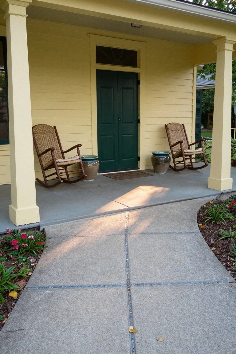 Yellow clapboard house with white columns, green front door, and two wicker rocking chairs on a porch, approached by a curved gray concrete walkway edged with plants and mulch beds.