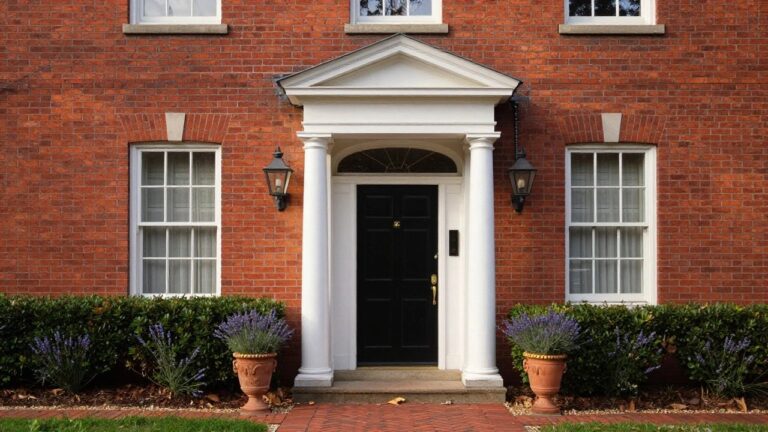 Red brick Colonial house exterior with white portico over black front door, flanked by lanterns, windows, boxwood shrubs, and lavender pots beside a herringbone-patterned brick walkway edged in gravel.