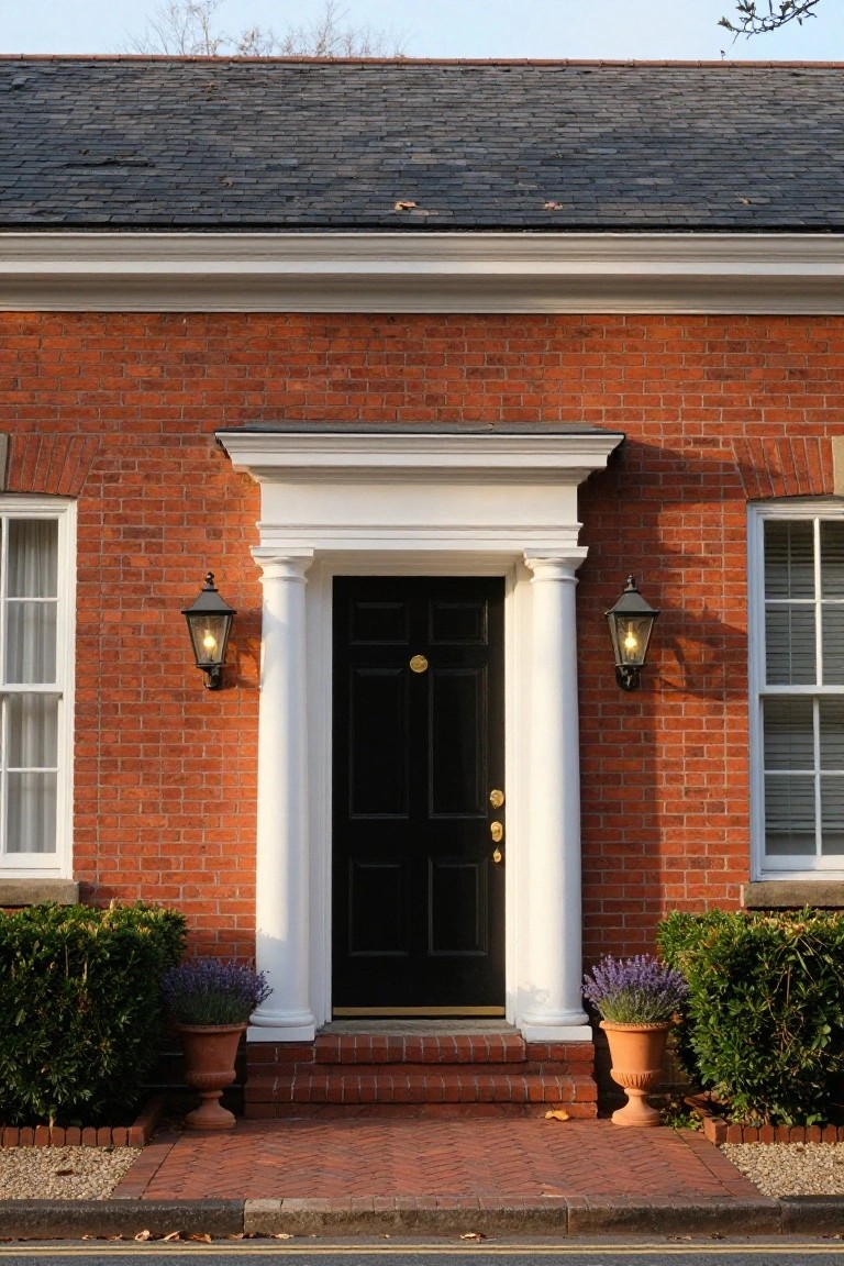 Red brick Colonial house exterior with white portico over black front door, flanked by lanterns, windows, boxwood shrubs, and lavender pots beside a herringbone-patterned brick walkway edged in gravel.