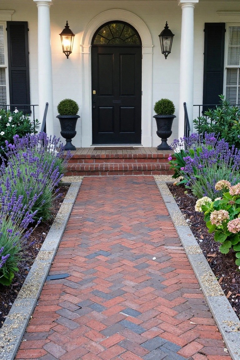White colonial house with black front door, white columns, lanterns, and boxwoods flanking a red brick herringbone-patterned walkway bordered by lavender plants and hydrangeas.