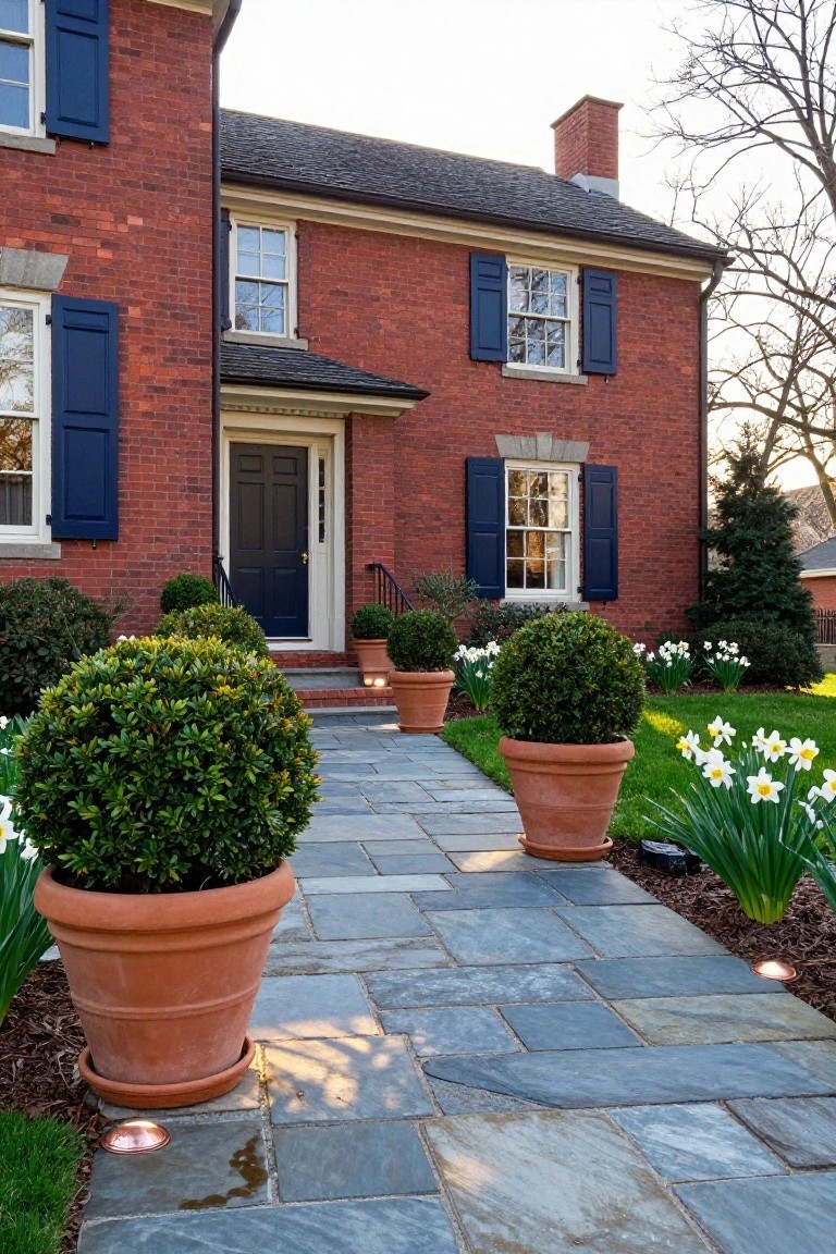 Brick colonial house with navy blue shutters and a dark front door, featuring a gray slate walkway lined with large terracotta pots of spherical boxwood shrubs and daffodil flowers.