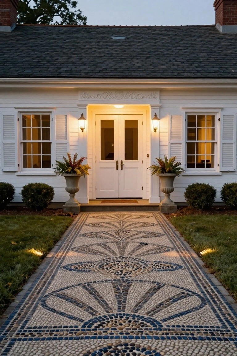 White clapboard colonial house with double front doors illuminated by lanterns, flanked by shuttered windows and urns with fall plants, leading to a mosaic pebble pathway featuring repeating fan and shell designs in blue, white, and gray tones.
