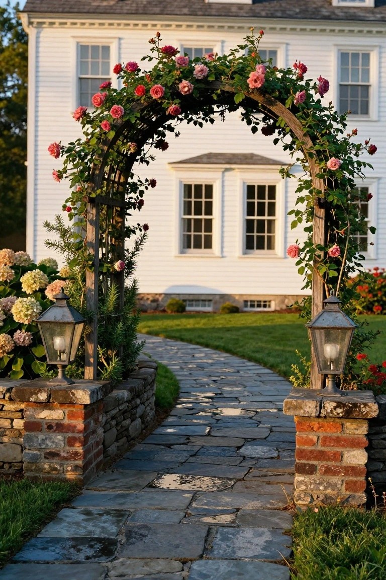White colonial house with wooden arbor covered in pink climbing roses arching over curved flagstone walkway flanked by brick pillars topped with metal lanterns and hydrangea plantings.