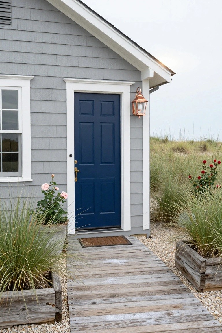 Gray shingled house corner with white trim, navy blue six-panel door, brass knob, copper lantern light, pink roses in pot, beach grass in wooden planters, weathered wooden walkway on gravel path near sand dunes.