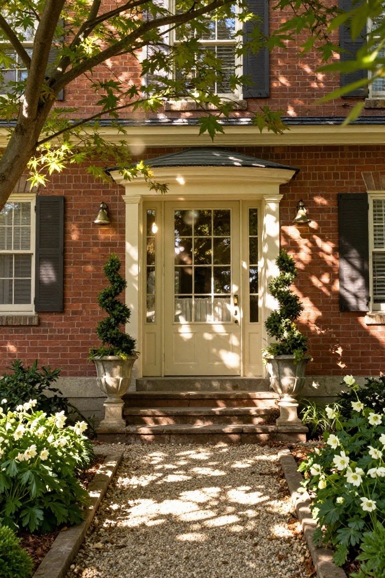 Colonial style red brick house exterior featuring a pale yellow glass-paneled front door in a white portico, flanked by topiary shrubs in stone urns, with a straight gravel pathway edged in stone and lined by white flowering plants leading up several steps to the entry.