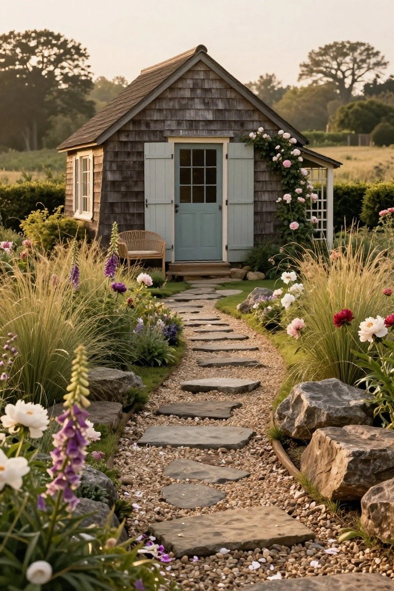 Small shingled cottage with blue door and shutters at the end of a curving irregular stone slab path set in gravel, bordered by grasses, foxgloves, peonies, rocks, and shrubs in a garden.