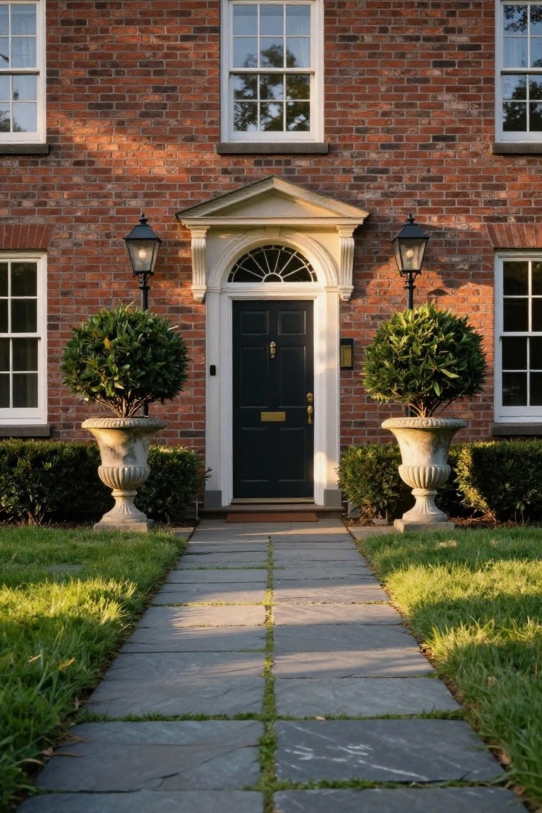 Red brick colonial house facade with white sash windows, centered black front door under arched pediment and fanlight, flanked by stone urns with clipped green topiary shrubs and black lantern lights, straight gray stone paver walkway leading through lawn.