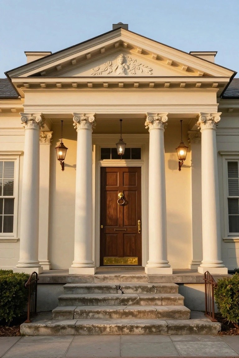 Beige colonial house facade with four white fluted columns supporting a pediment over a dark wooden front door with brass knocker and letter slot, flanked by lanterns and leading to stone steps with iron railings and shrubs.