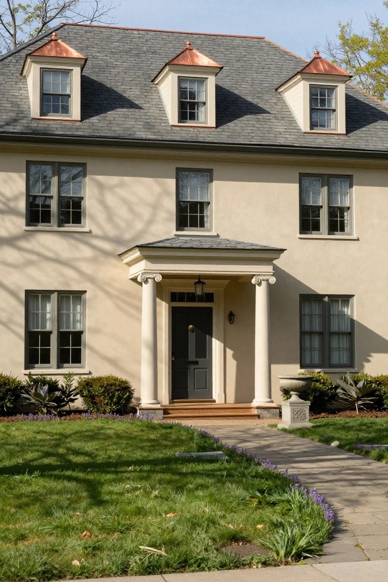 Two-story beige colonial house with slate roof, copper-topped dormers, multiple windows, a portico supported by two fluted columns over a dark front door, shrubs, and a stone walkway on a lawn.