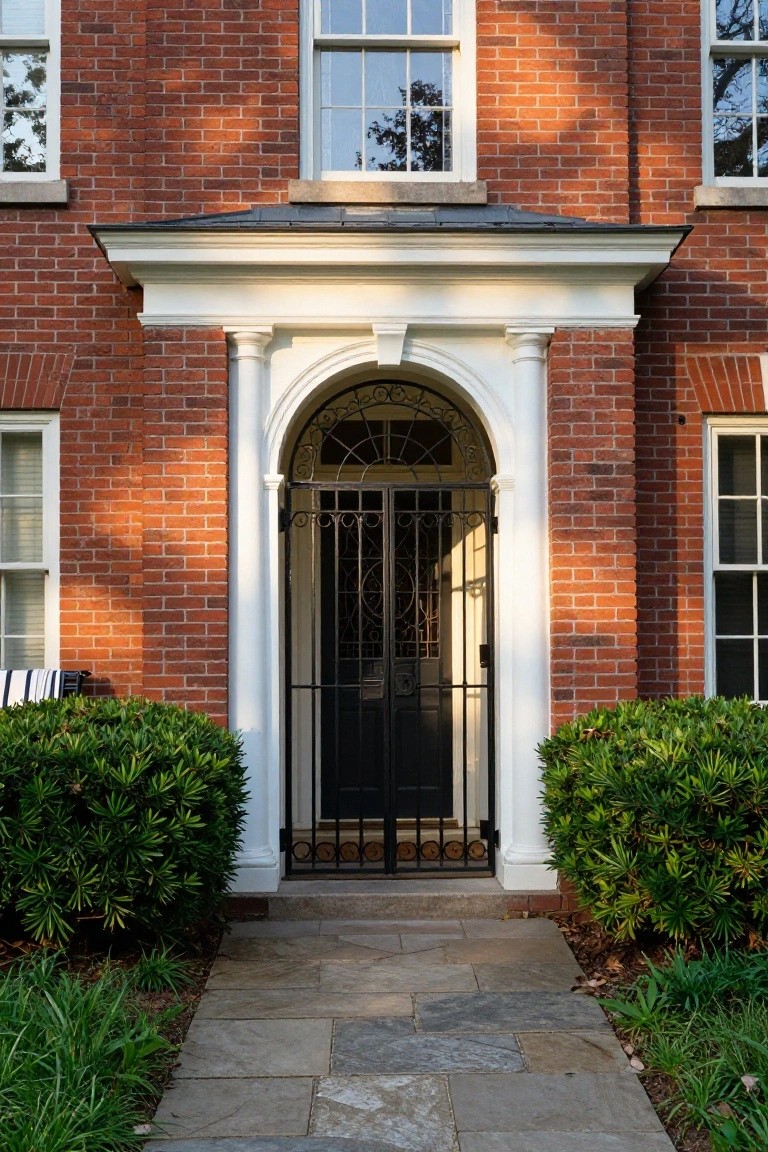 Red brick house exterior with white columned portico, arched wrought iron security gate over black front door, flanked by boxwood shrubs and stone walkway.