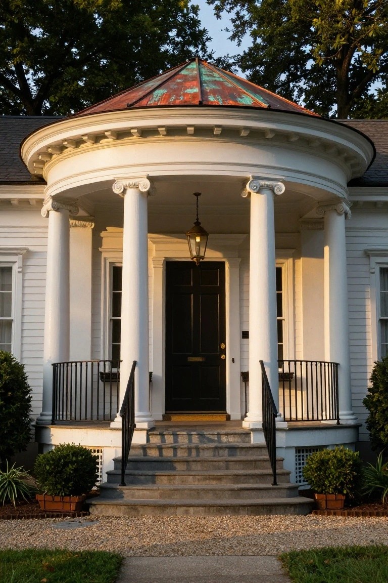 White clapboard house exterior featuring a rounded portico with fluted columns, copper dome roof, black front door, iron railings on steps, and boxwood shrubs on either side.