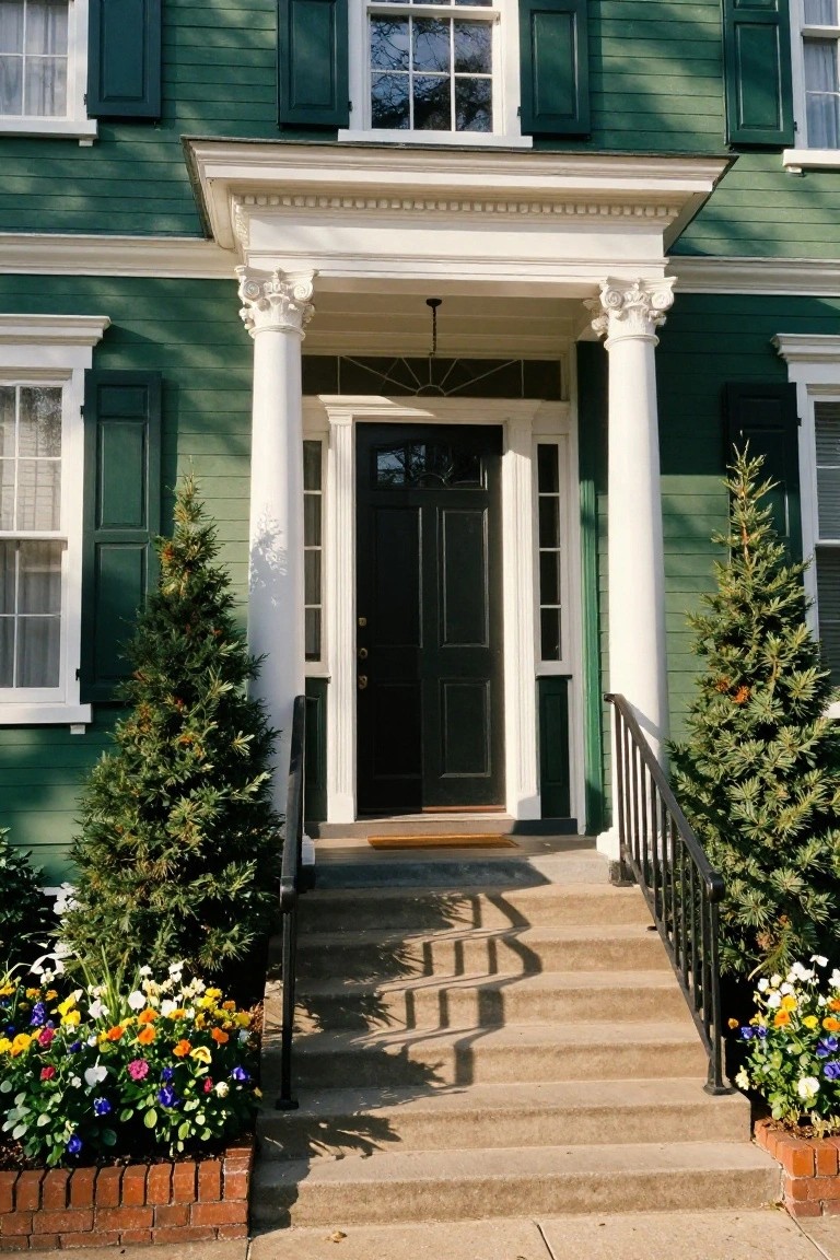 Green clapboard colonial house exterior featuring white fluted columns supporting a pedimented portico over a black paneled front door, with evergreen trees flanking the entry steps and colorful flower planters at the base.
