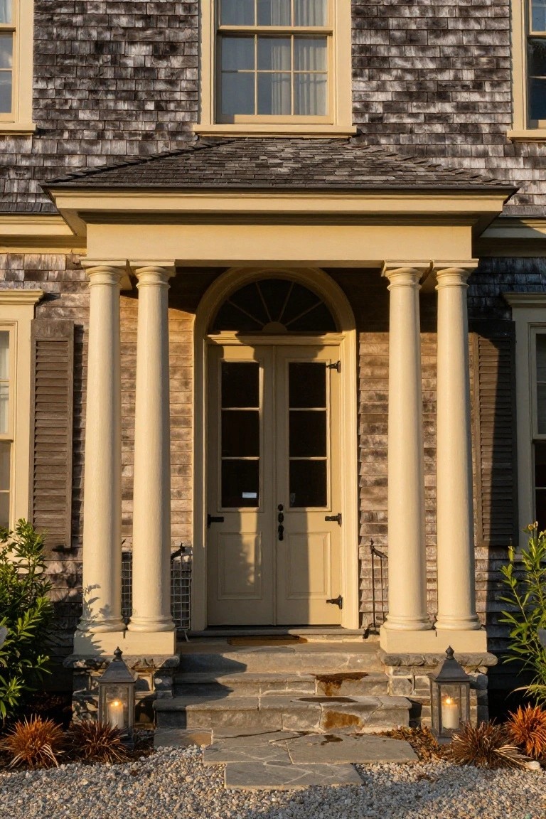 Colonial house exterior showing a portico entrance supported by two tall beige columns over yellow double doors with stone steps, lanterns, shutters, and gravel landscaping.