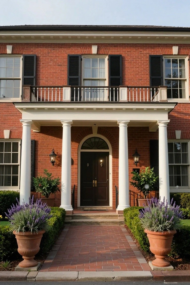 Red brick colonial house exterior featuring white columns supporting a portico over a dark arched front door, with black shutters on multi-pane windows, lanterns flanking the entry, lavender plants in terracotta pots, and a brick pathway.