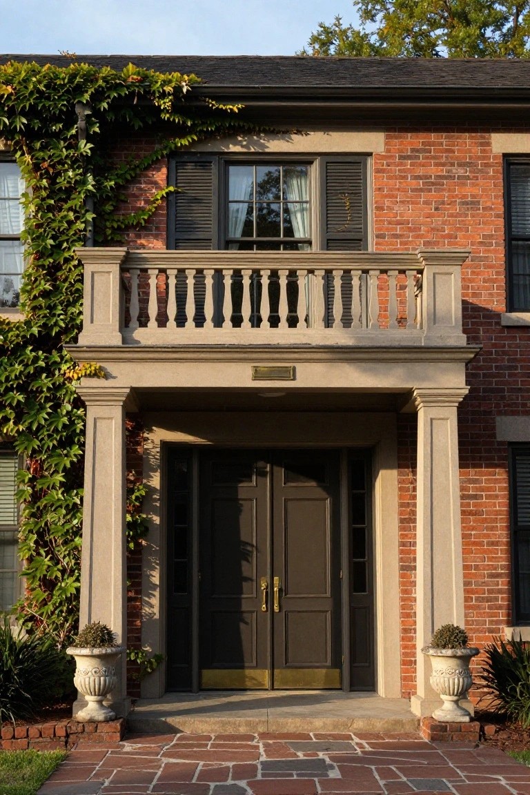 Two-story brick house exterior with ivy on walls, upper balcony with shutters, light stone columns and pediment over dark double front doors, urns with plants on either side, and brick pathway leading up.