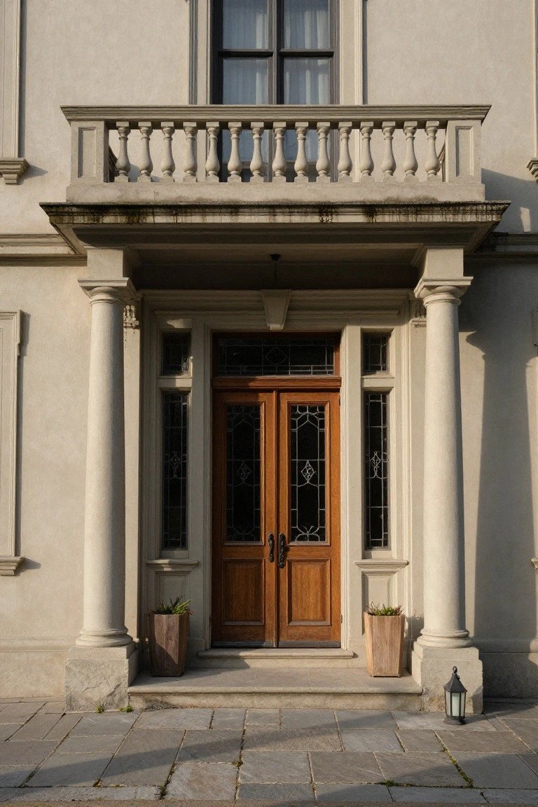 Beige stucco house facade with fluted columns supporting a balcony above a centered wooden double door with stained glass sidelights, flanked by potted plants and a lantern on stone steps.