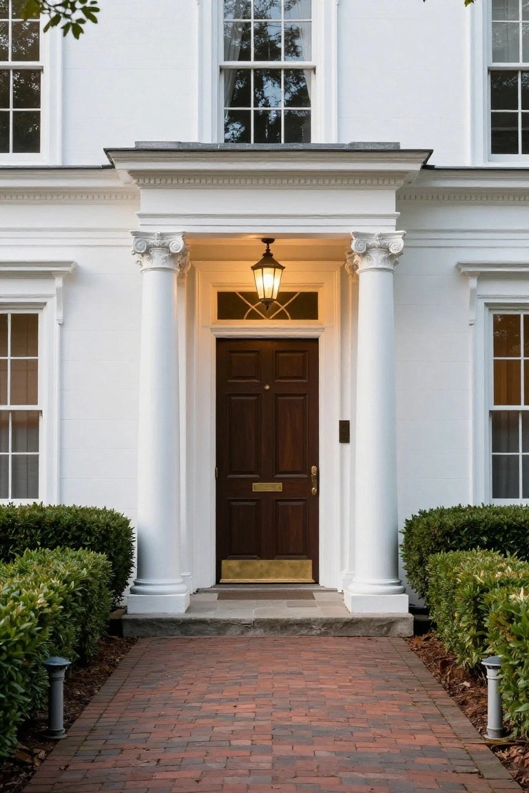 White colonial style house facade with fluted white columns supporting a portico over a dark wood front door, flanked by windows, brick pathway, boxwood shrubs, and path lights.